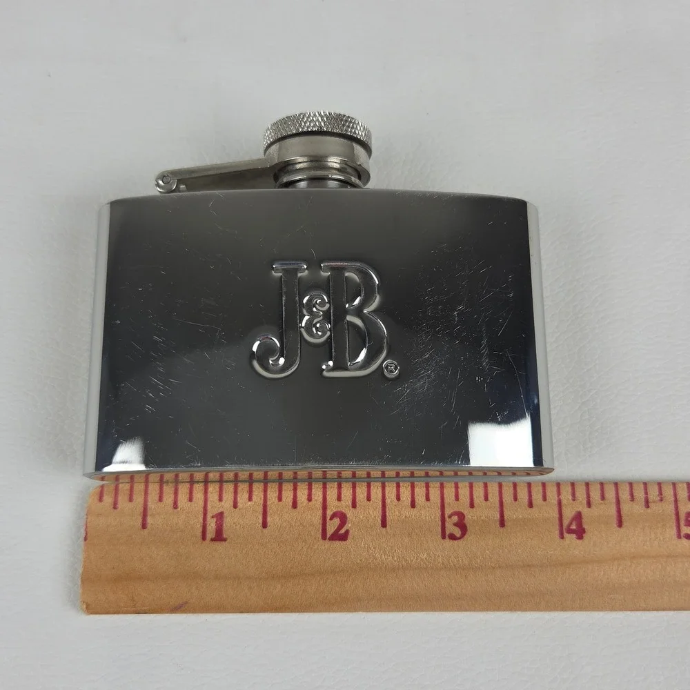 Vintage 2002 J&B Scotch Whisky Hip Flask Silver Stainless Steel w/ Recipes 2002